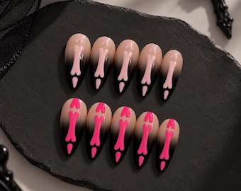 Bone Nail Art, Spooky Cute Nails, Pink Goth Press Ons, Dark Coquette Nails, Black Ombre Creepy Cute Nail Set
