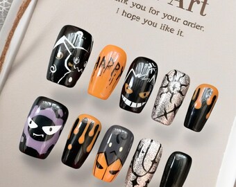 Halloween Pokémon nails/Trendy Cartoon Designs/Handmade Press on Nails/Pure hand-painted nail art/Kawaii Teenage Nails/Gengar & Mimikyu