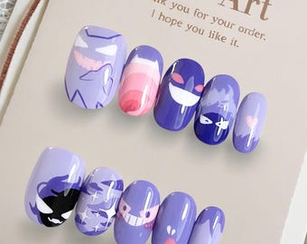 Gengar/Handmade Press on Nails/Kawaii Cute Nails/Pure hand-painted nail art/Pokémon Nail Art/Anime Cartoon Nail Art/Cool Sweet Girl Nails