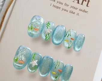 3D Goldfish Bag Ocean Press On Nails/Glitter Sea Star Fake Nails for Summer Beach Vacation/Whimsical Under the Sea Press On Nails
