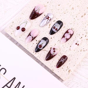 Custom press on nails/Romantic style/freehand sketching nails/Red Press On Nails almonds nails/Party Christmas Nails Gift/Fancy Pretty Nail