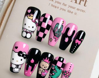 Uñas lindas y2K Kawaii / Uñas geniales para chicas dulces / Uñas prensadas hechas a mano / Uñas gyaru / Diseños de dibujos animados y anime de moda / Uñas glamorosas de HelloKitty