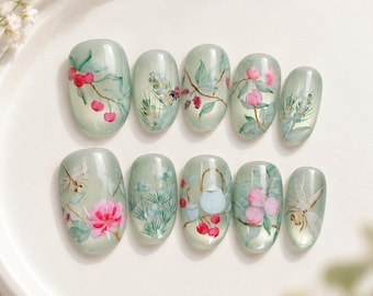 Tea Party Nails, Jade Green Nails, Chinoiserie Nails, Vintage Garden Nails, Short Oval Botanical Press Ons