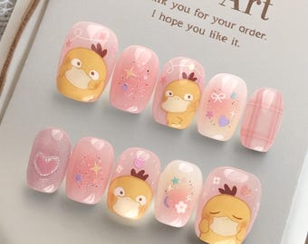 Niedliches Pokémon Psyduck / Handgefertigte Presse auf den Nägeln / Rein handbemalte Nagel Kunst /Fake Nägel /Fancy Hübsche Nägel /Trendige Cartoon und Anime Designs