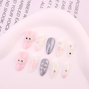 Lovely Pink Rabbit Nail/Cute Almond Nail/Handmade Press on Nail/birthday party nails/y2k nails/Party Christmas Nails Gift/Custom nails