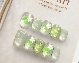 Short Square Press On Nails/Sage Green Floral Fake Nails with Pearl & Rhinestone/Handpainted Nails/Spring Summer Nail Art/Garden Party Nails