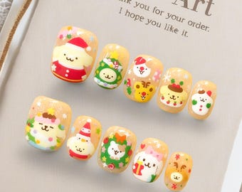 Uñas con diseño de cachorros de dibujos animados / Uñas postizas hechas a mano / Uñas kawaii / Uñas pintadas a mano / Uñas para estudiantes adolescentes / Uñas navideñas