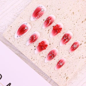 Romantic style/Lovely Red Bow Nail/Kawaii nails/Macaron Nails/birthday nails/Party Christmas Nails Gift/Cute Almond Handmade Press on Nails