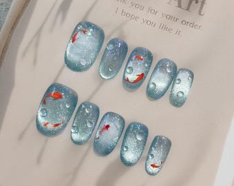Sommer Blau Ozean Nagel Kunst/Süße kurze ovale Nagel/Teenager Studenten Nagel/Katzenaugen Nägel/Handgefertigte Presse auf den Nägeln/Nägel für die Sommerferien