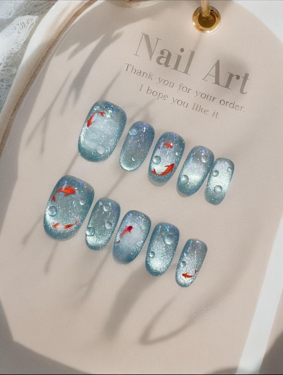 Summer Blue Ocean Nail Art/Cute Short oval Nail/Teenage Student Nail/Cat Eye Nails/Handmade Press on Nails/Nails for summer holiday