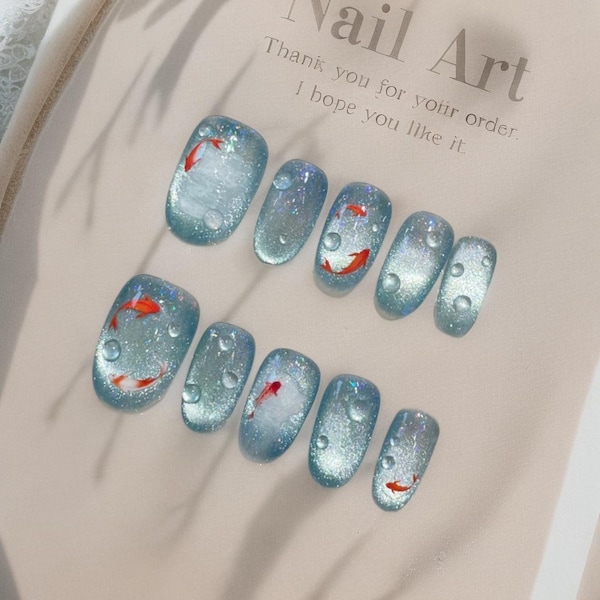 Summer Blue Ocean Nail Art/Cute Short oval Nail/Teenage Student Nail/Cat Eye Nails/Handmade Press on Nails/Nails for summer holiday