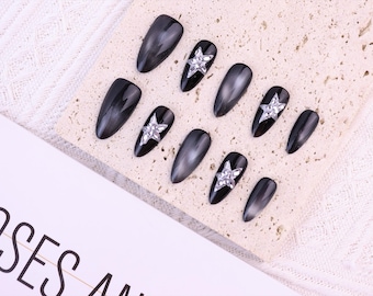 Black y2K Kawaii Cute Nails/Star Nails/Short Nails/Cool Sweet Girl Nails/Teenage Student Nail/Cat Eye Nails/Handmade Press on Nails
