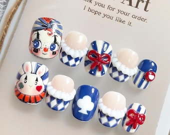 Handgjorda press-on-naglar/Söta kawaii-naglar/Rent handmålad nagelkonst/Nagelkonst i kanin- och rosettstil/Söta kawaii-naglar för år 2000/Coola söta tjejnaglar