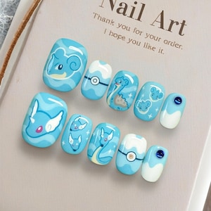 Handmade Press on Nails/Kawaii Cute Nails/Pure hand-painted nail art/Pokémon Nail Art/Lapras & Dragonair/Trendy Cartoon and Anime Designs