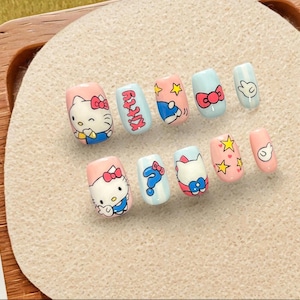 Cute Bow & Stars Hellokitty nails/Trendy Cartoon and Anime Designs/Handmade Press on Nails/Pure hand-painted nail art/Kawaii Teenage Nails