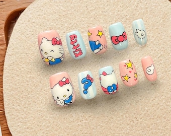 Schattige strik en sterren Hellokitty-nagels/Trendy cartoon- en animeontwerpen/Handgemaakte pers op nagels/Pure handgeschilderde nail art/Kawaii tienernagels