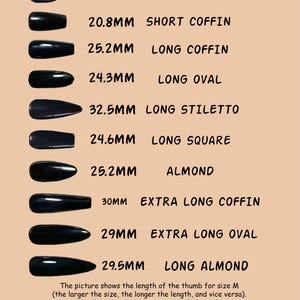 May include: A chart displaying various black nail shapes and lengths in millimeters. Styles include Short Oval, Short Coffin, Long Coffin, Long Oval, Long Stiletto, Long Square, Almond, Extra Long Coffin, Extra Long Oval, and Long Almond.