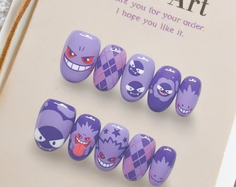 Purple Ghost Anime Press On Nails Set/Handmade Spooky Monster Nail Art/Cute Halloween False Nails/Game Inspired Glossy Nail Gift