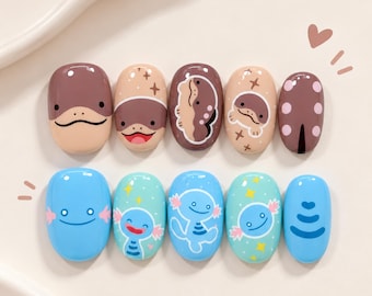 Short Oval Nails, Cute Animal Nails, Brown Blue Kawaii Press Ons, Glossy Handmade Nail Art, Cute Aquatic Design