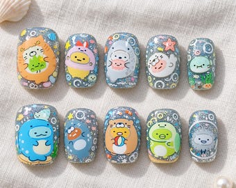 Sea Animal Nails, Marine Life Nails, Cartoon Press Ons, Kawaii Ocean Nails, Short Oval Glitter Beach Nail Set