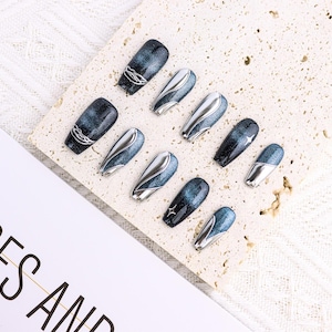 Gothic blue and silver press on nails long coffin nails/Cat eye nails/Blue Glitter nails/gyaru nails/Charming Dark Blue Nail/Fashion Nails