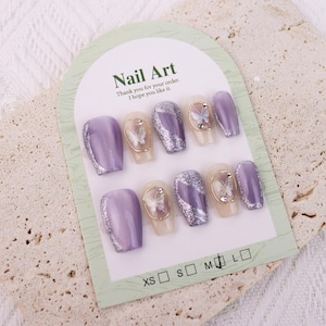 Custom press on nails/Romantic style/Freehand sketching nails/Purple Butterfly nails/summer Nails /temperament nails/Handmade Press on Nails