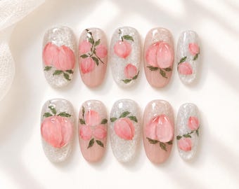 Peach Nail Art, Short Oval Press On Nails, Hand Painted Pink Peach Nails, Cute Fruit Nail Set, Glossy Summer False Nails