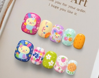 Playful Kawaii Press On Nails, Colorful Bunny & Fruit Nail Art, Cute Cartoon Animal Design, Pastel Short Nails