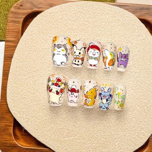 Uñas postizas hechas a mano / Colección Pokémon / Uñas kawaii / Uñas pintadas a mano / Uñas kawaii / Diseños de dibujos animados y anime de moda