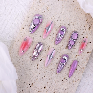 Glitter Gothic Pink Press On Nails Long Stiletto nails/3D Chrome nails/free style nails/Handmade Press on Nails/Fashion Popular Nail