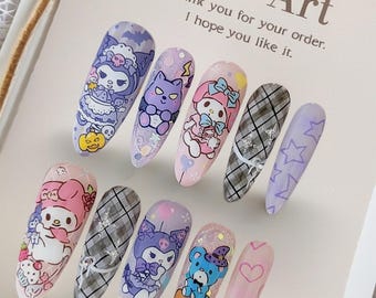 Colección Alta Costura / &quot;Kurome y Melody&quot; / Uñas postizas artesanales / Uñas pintadas a mano / Uñas con un toque dulce y moderno / Uñas de Halloween
