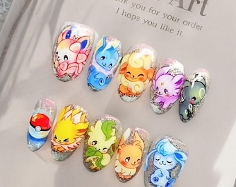 Anime Style Nails, Fantasy Nail Art, Cute Animal Nails, Cartoon Nail Art, Short Silver Glitter Press Ons