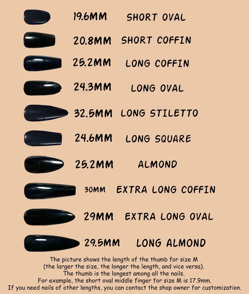 May include: A chart displaying ten black press-on nail shapes with corresponding lengths in millimeters: 19.6mm short oval, 20.8mm short coffin, 25.2mm long coffin, 24.3mm long oval, 32.5mm long stiletto, 24.6mm long square, 25.2mm almond, 30mm extra long coffin, 29mm extra long oval, and 29.5mm long almond.
