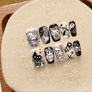Halloween Dark bat wings Hellokitty nails/Trendy Cartoon and Anime Designs/Handmade Press on Nails/Pure hand-painted nail art/Kawaii Nails