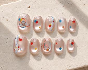 Bauhaus Nails, Modern Press Ons, Clear Nude Nails, Abstract Press Ons, Modern Art Nails, Short Square Retro Nail Set