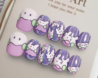 Bunny Press On Nails, Cute Rabbit Nail Art, Purple Holographic Nails, Pastel Purple Short Square Nails, Kawaii Bunny Nails