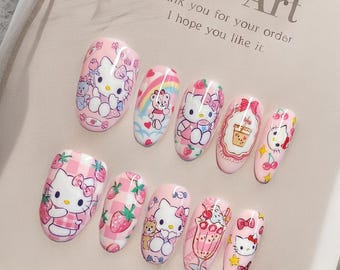 Colección Alta Costura / &quot;HelloKitty Fresa&quot; / Uñas postizas artesanales / Uñas pintadas a mano / Uñas postizas / Uñas bonitas / Uñas kawaii