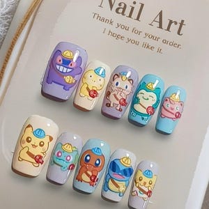 Handmade Press on Nails/Kawaii Cute Nails/Pure hand-painted nail art/Pokémon Nail Art/Pikachu & Gengar/Trendy Cartoon and Anime Designs