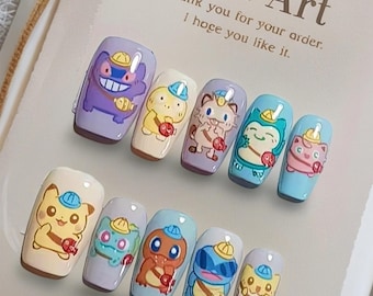 Handmade Press on Nails/Kawaii Cute Nails/Pure hand-painted nail art/Pokémon Nail Art/Pikachu & Gengar/Trendy Cartoon and Anime Designs
