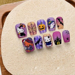 Halloween Dark Hellokitty nails/Trendy Cartoon and Anime Designs/Handmade Press on Nails/Pure hand-painted nail art/Kawaii Teenage Nails
