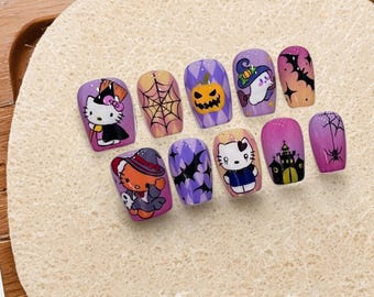 Halloween Dark Hellokitty nails/Trendy Cartoon and Anime Designs/Handmade Press on Nails/Pure hand-painted nail art/Kawaii Teenage Nails