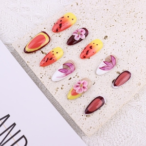 Cute Floral Nails/Handmade Press on Nails/Custom press on nails/Adorable 3D Raised Art/Party Christmas Nails Gift/Cool Sweet Girl Nails