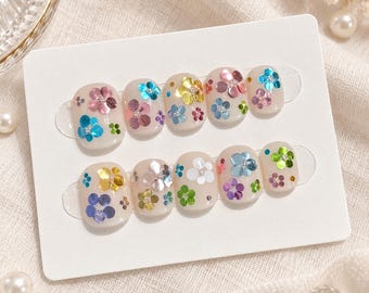 Jelly Press Ons, Crystal Flower Nails, Colorful Press Ons, Pastel Flower Nails, Short Square Iridescent Sequin Nail Set