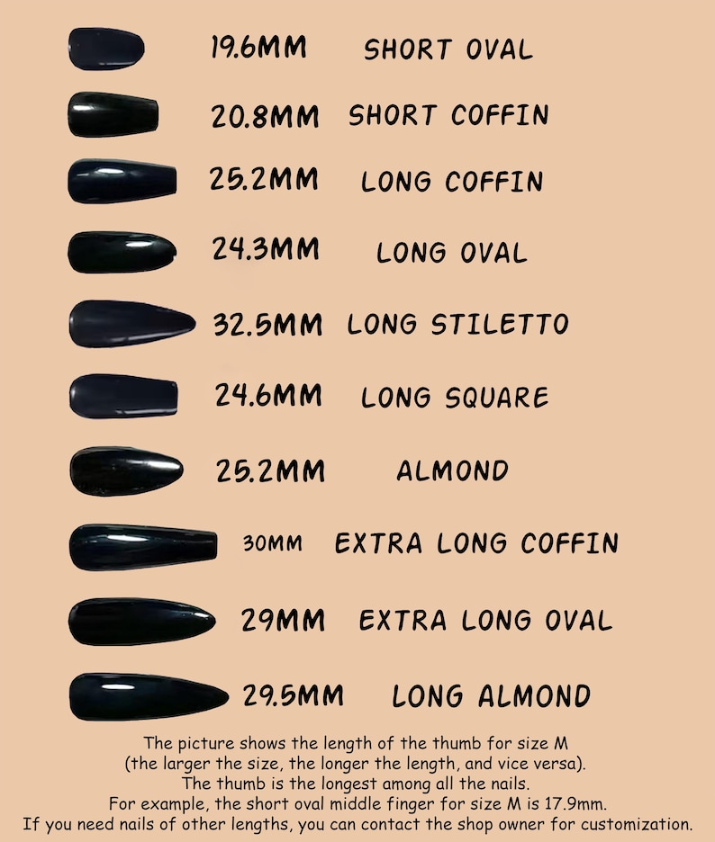 May include: A chart displaying ten black press-on nail shapes with corresponding lengths in millimeters: 19.6mm short oval, 20.8mm short coffin, 25.2mm long coffin, 24.3mm long oval, 32.5mm long stiletto, 24.6mm long square, 25.2mm almond, 30mm extra long coffin, 29mm extra long oval, and 29.5mm long almond.