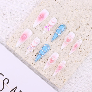 y2K Kawaii Long Stiletto aurora Nails/Handmade Press on Nail/Cool Sweet Girl Nails/3D Chrome nails/Fancy Pretty Nail/gyaru nails/gothic nail