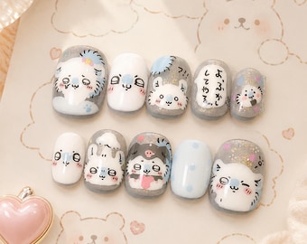 Japanese Style Nails, Cute Character Nails, Cartoon Press Ons, Cute Animal Nails, Kawaii Animal Nails, Pastel Short Press Ons