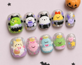 Pastel Goth Press On Nails, Angel Devil 3D Cartoon Nails, Kawaii Glitter Nails, Cute Gothic Anime Style Short Oval Nails