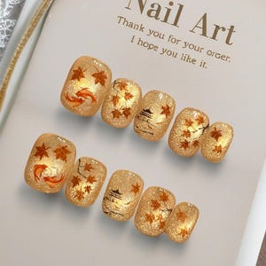 Höstlönn- och koifisknaglar/Gyllene glitter höstnagelkonst/Vårsommarnaglar/Kristallglans nagelkonst/Handgjorda press-on naglar