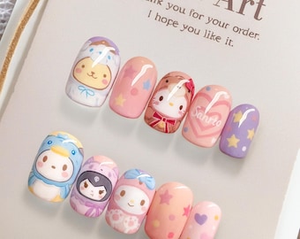 Söt kollektion/Handgjorda pressnaglar/Rent handmålad nagelkonst/Lösnaglar/Söta naglar/Kawaiinaglar/Festnaglar