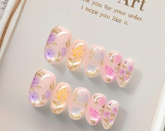 Pink Floral Press On Nails/Handmade Dried Flower Fake Nails/Pastel Jelly Short Oval Nails/Spring Bridal Nail Art